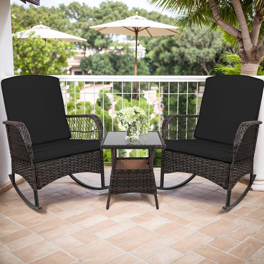 3 Pcs Rocking Bistro Set Conversation Chairs PE Wicker Outdoor Rocking Chairs(Rocking Set,Black)-0