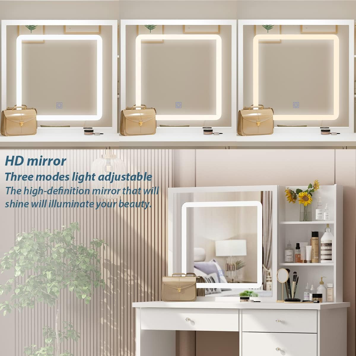 Large Vanity Desk Set with Sliding Lighted Mirror-3