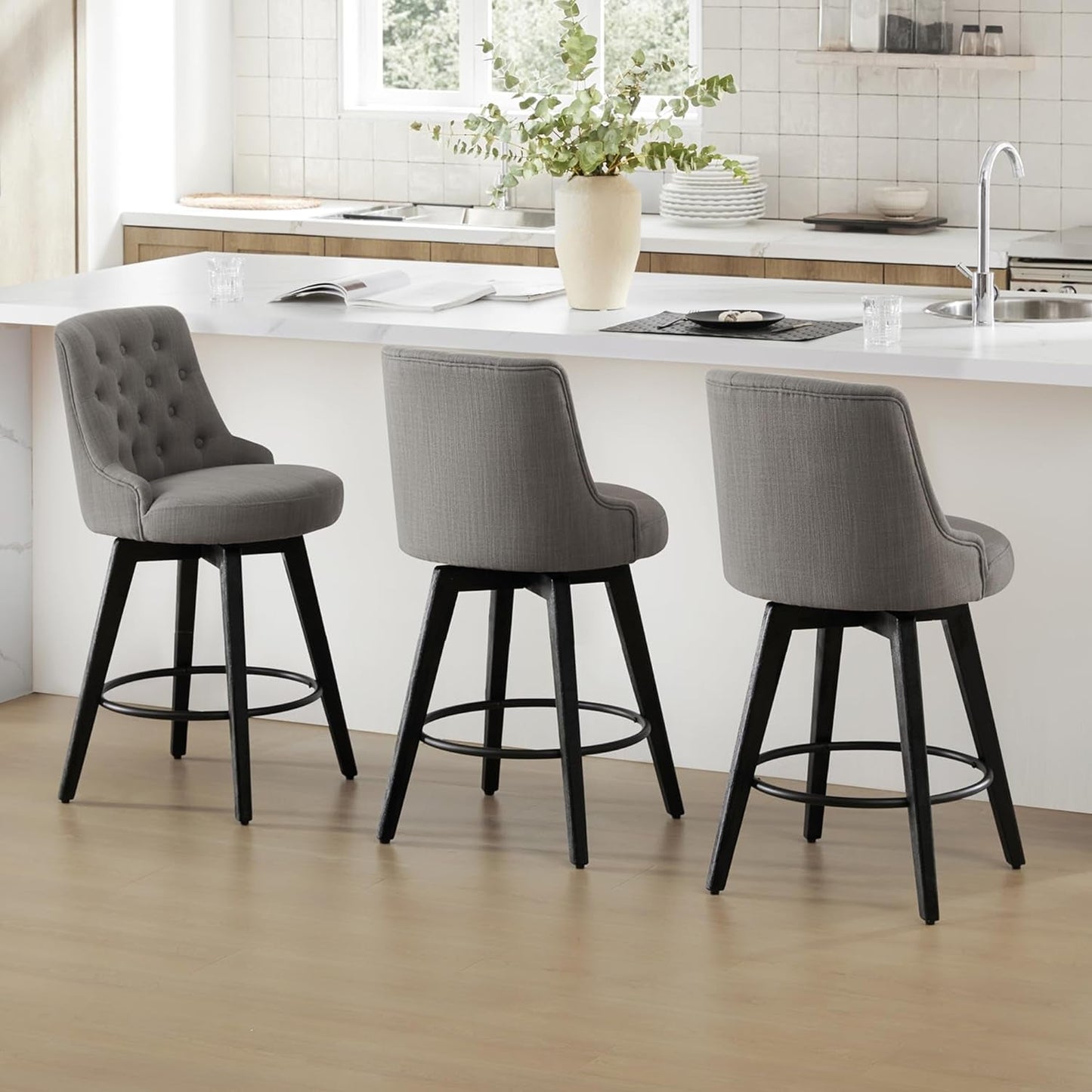 Modern Swivel Bar Stools, Performance Fabric Upholstered Counter Height Bar Stool with Back, Solid Wood Legs, 26" H Seat, Set of 2, Flint Grey-3