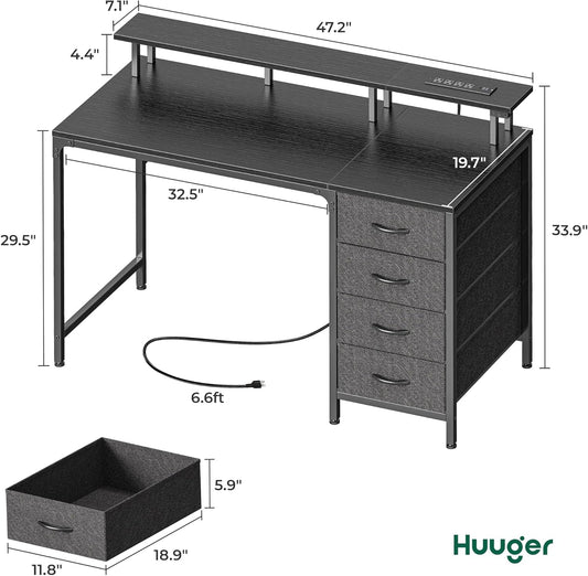 47 Inch Computer Desk with Power Outlets and LED Lights, Gaming Desk with 4 Drawers, Office Desk with Monitor Stand, Study Desk Work Desk for Home Office, Small Spaces, Black-1