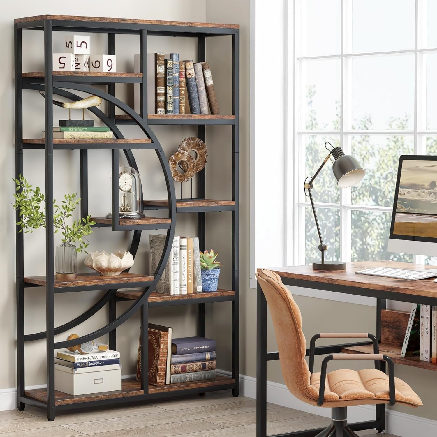 Bookshelf Industrial 5 Tier Etagere Bookcase, Freestanding Tall Bookshelves Display Shelf Storage Organizer with 9-Open Storage Shelf for Living Room, Bedroom-2