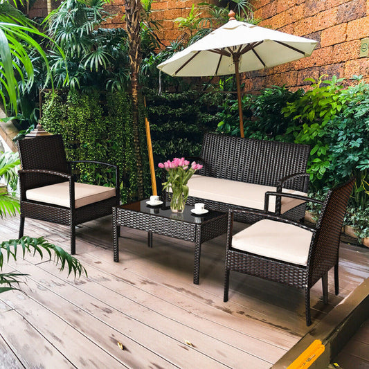 4 Pieces Patio Rattan Conversation Set with Loveseat Sofas and Coffee Table-0