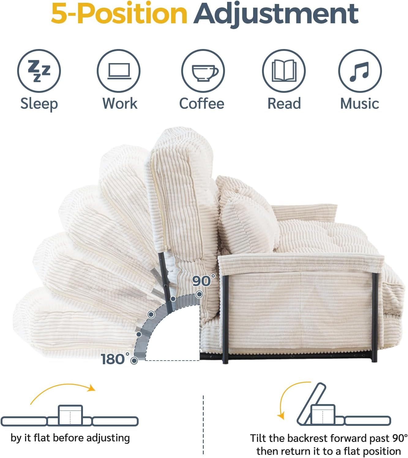 Adjustable Floor Sofa Couch with 2 Pillows, Multi-Functional Bean Bag Bed, 5-Position Foldable Lazy Sofa Sleeper Bed with Armrest Versatile Floor Seating Sofa for Reading Gaming, Beige, Double-2