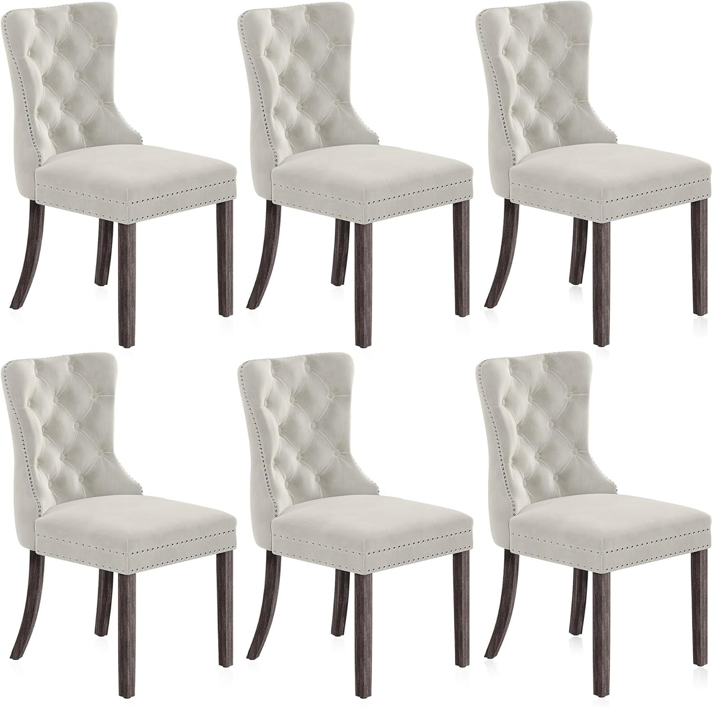Upholstered Dining Chairs Set of 6, Velvet Luxury Dining Room Chairs with Button Back, Nailhead Trim, Pull-Ring, Solid Wood Legs for Kitchen, Living Room, Restaurant - Chandler (Beige)-0