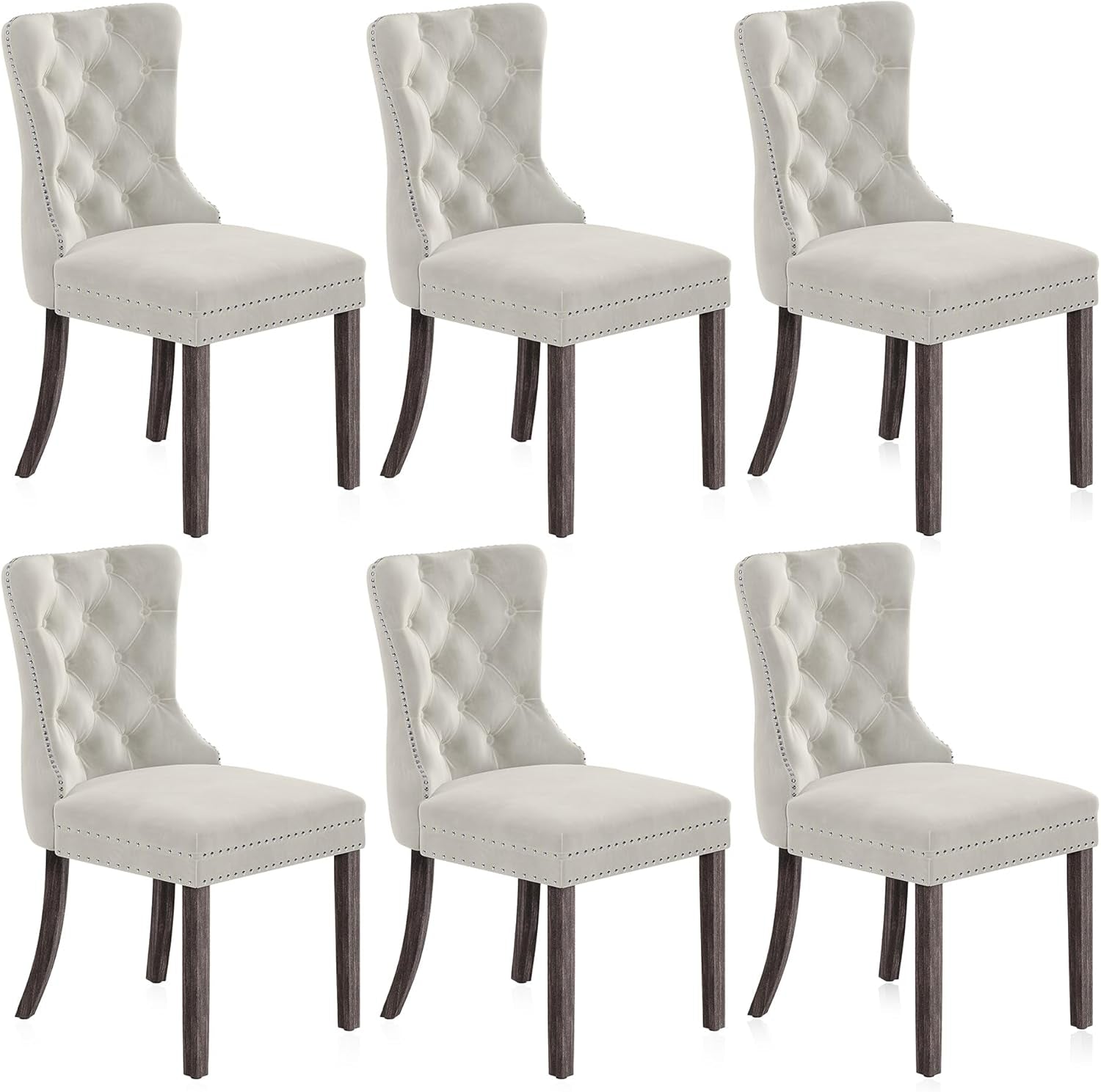 Upholstered Dining Chairs Set of 6, Velvet Luxury Dining Room Chairs with Button Back, Nailhead Trim, Pull-Ring, Solid Wood Legs for Kitchen, Living Room, Restaurant - Chandler (Beige)-0