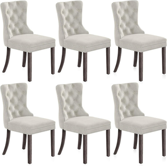 Upholstered Dining Chairs Set of 6, Velvet Luxury Dining Room Chairs with Button Back, Nailhead Trim, Pull-Ring, Solid Wood Legs for Kitchen, Living Room, Restaurant - Chandler (Beige)-0