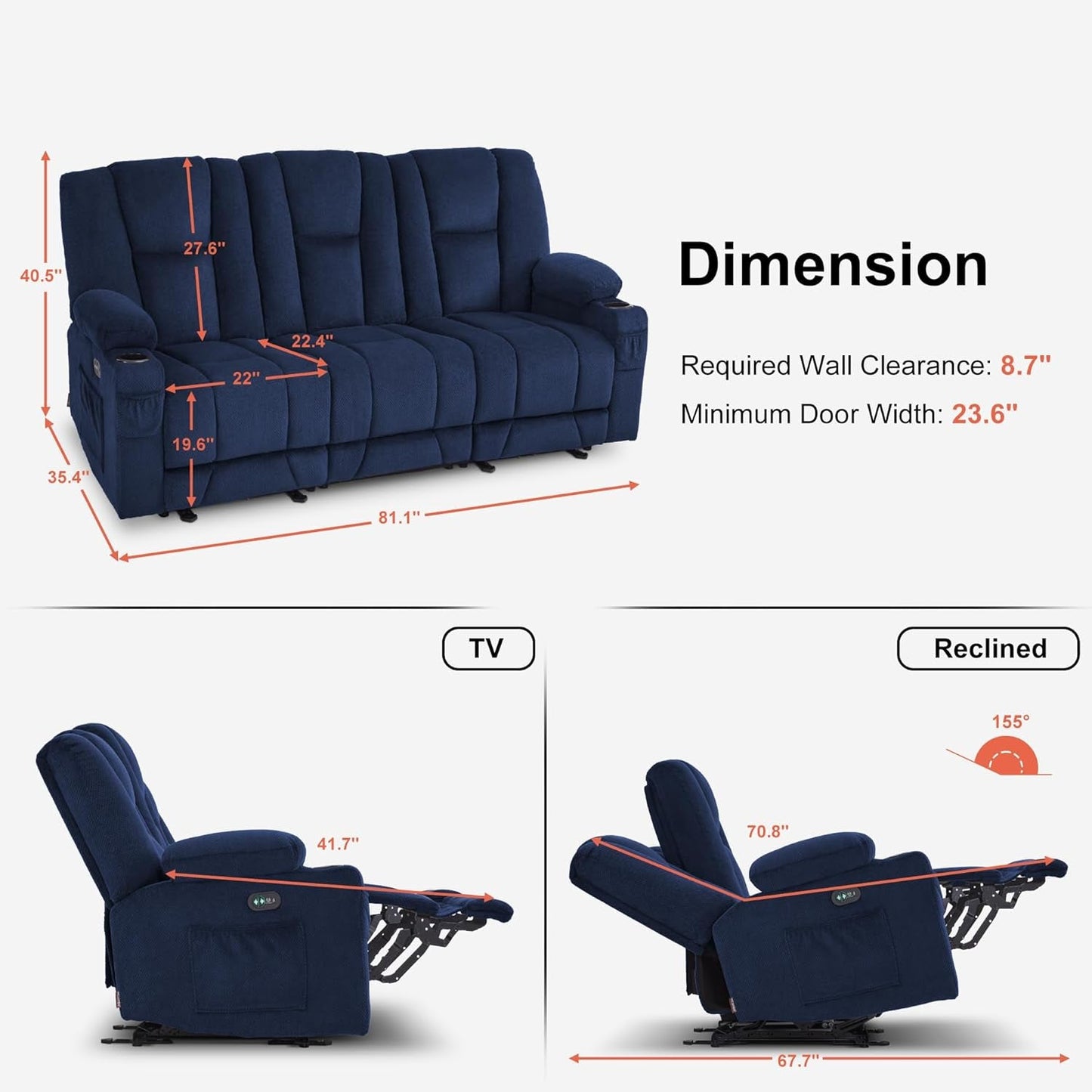 Power Reclining Sofa with Heat and Vibration,Usb Ports, Cup Holders,3-Seat Dual Recliner Sofa for Living Room 6015 (Navy Blue)-2