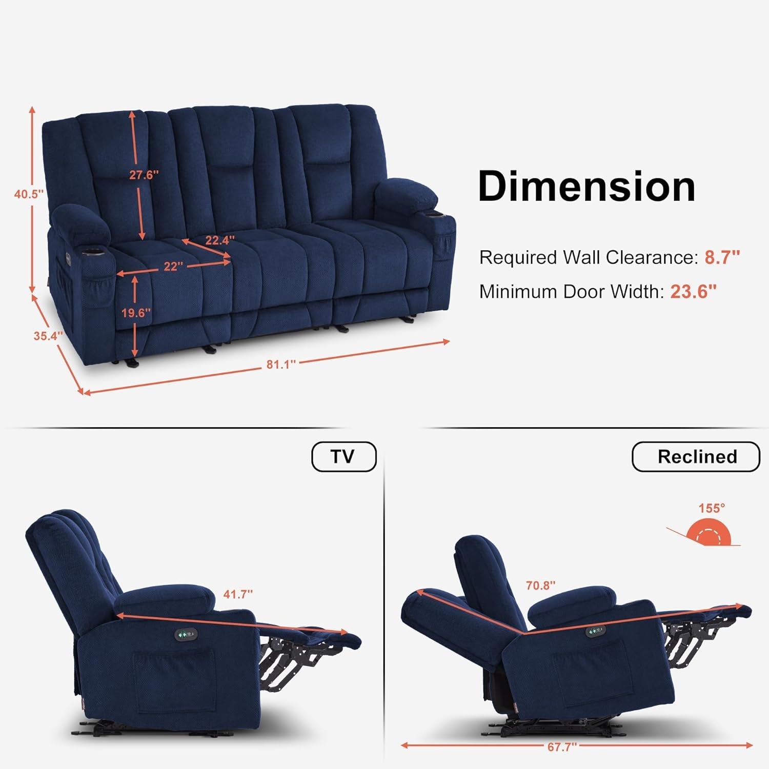Power Reclining Sofa with Heat and Vibration,Usb Ports, Cup Holders,3-Seat Dual Recliner Sofa for Living Room 6015 (Navy Blue)-2
