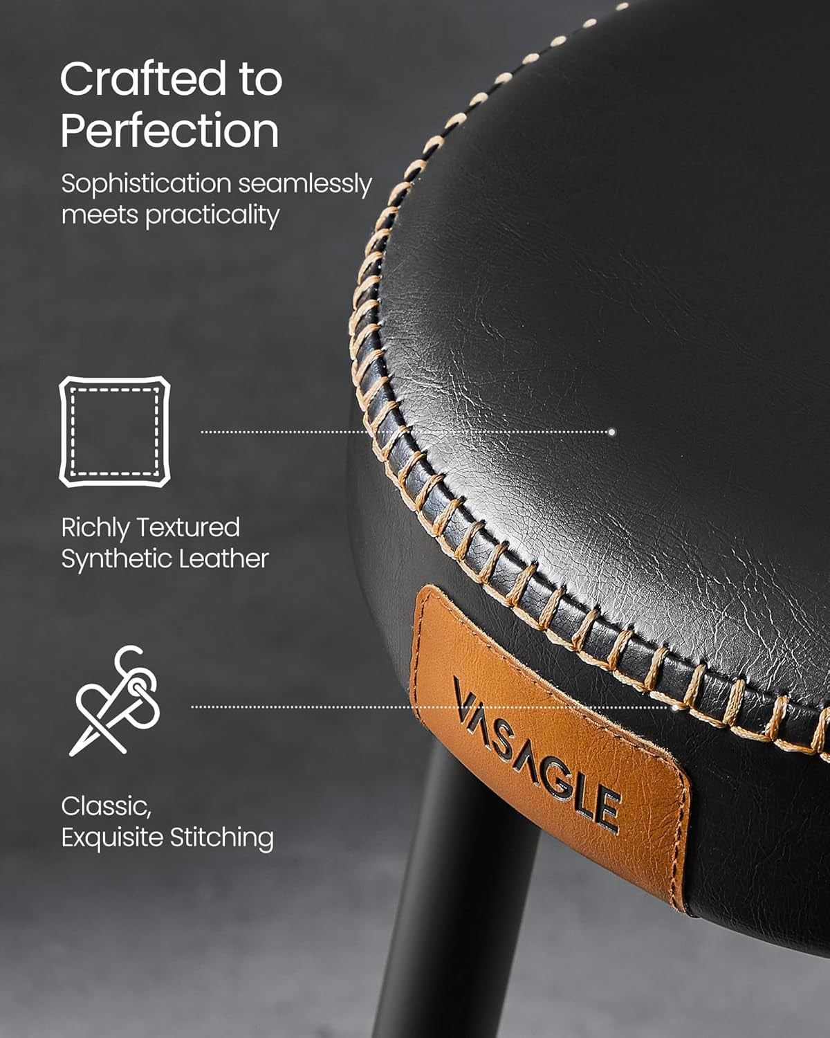 EKHO Collection - Dining Chairs Stools Set of 2, Upholstered Kitchen Stools, Vanity Stools, Synthetic Leather with Stitching, Mid-Century Modern, 19-Inch Tall, Easy Assembly, Ink Black-4