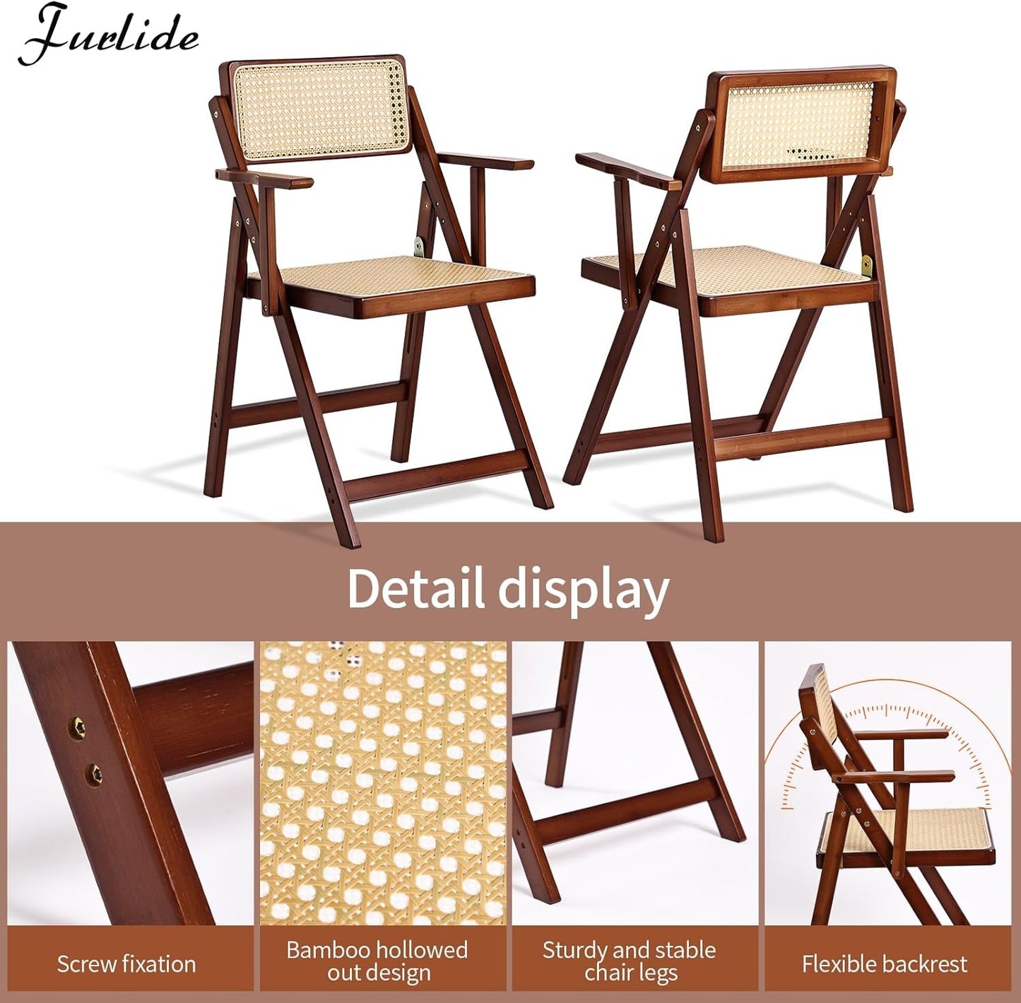 Rattan Folding Dining Chairs Set of 2, Modern Mid Century Dining Chairs with Arms, Outdoor Bamboo Chairs for Bedroom, Living Room, Reading Room, Walnut-4