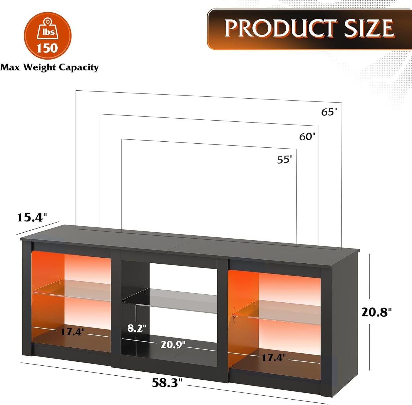 LED TV Stand for 65-Inch TV, 58-Inch Entertainment Center with Adjustable Glass Shelves, Modern Media Console for Living Room & Bedroom, Black-2