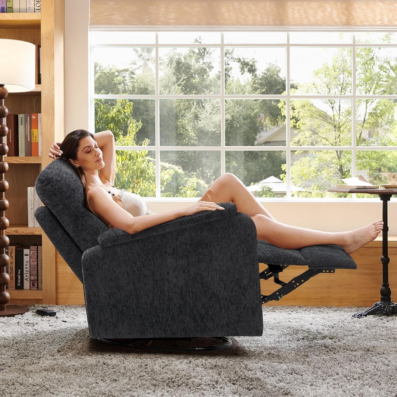 Swivel Rocking Recliner Glider Chair, Upholstered Fabric Reclining Rocker Chair with Footrest for Living Room, Nursery, Bedroom, Ergonomic High Backrest, Wide Seat Cushion and Metal Base-Darkgrey-4