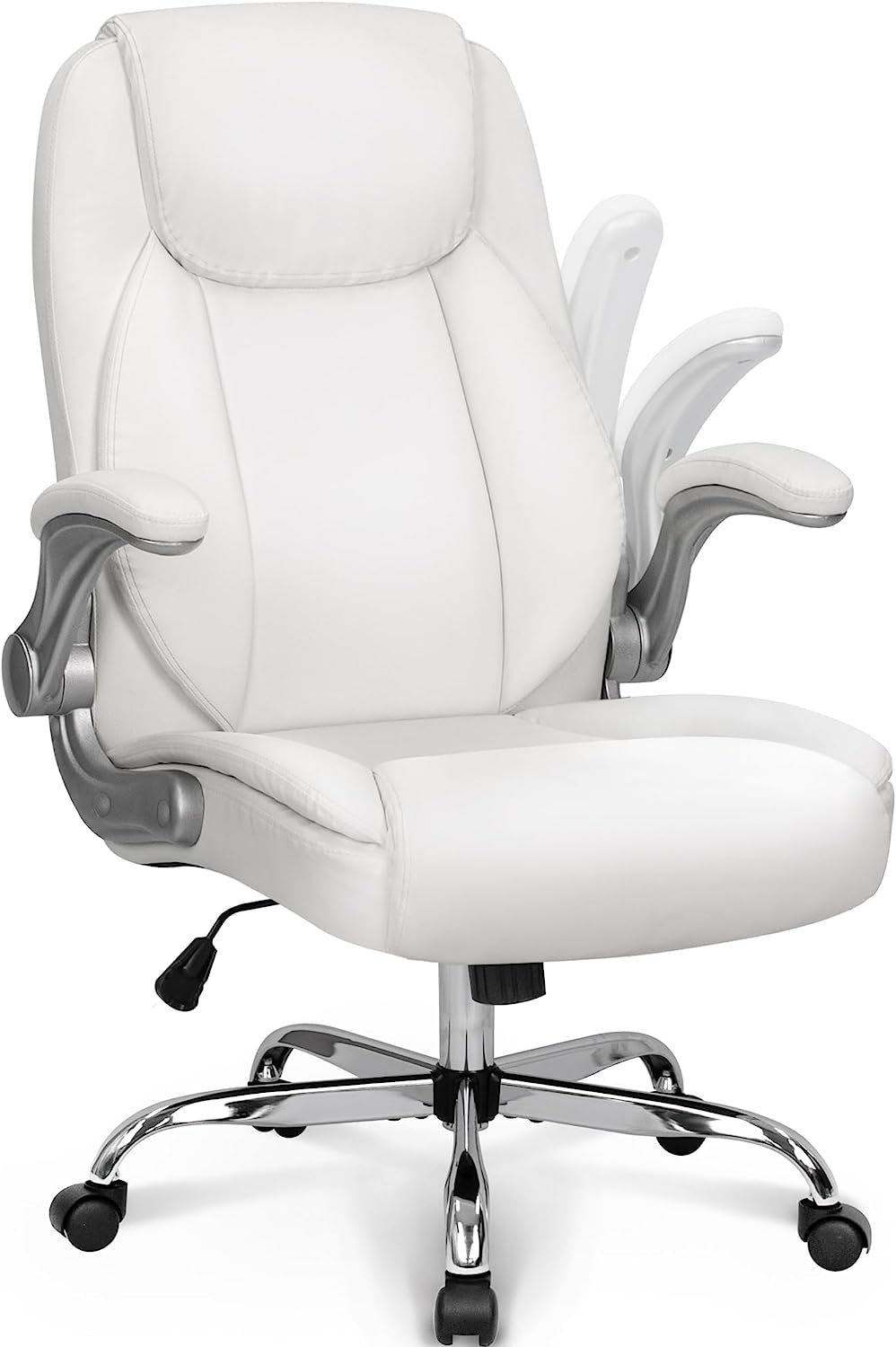 Ergonomic Office Chair PU Leather Executive Chair Padded Flip up Armrest Computer Chair Adjustable Height High Back Lumbar Support Wheels Swivel for Gaming Desk Chair (White)-0