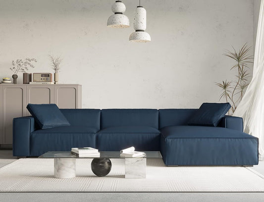 Modern L-Shaped Deep Sectional Sofa Furniture Set for Living Room Lounge, Minimalist Style Comfy Suedette Upholstery Corner Couch with Chaise, Dark Blue-0