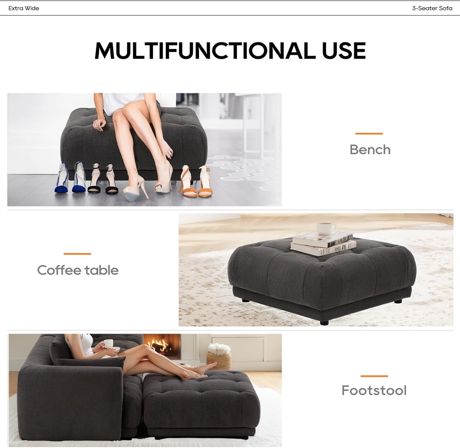 144" Cloud Sectional Couch with Ottoman,Modular Sectional Sofa with 3 Large Seat and 1 Ottoman for Living Room, Chenille, Gray-4