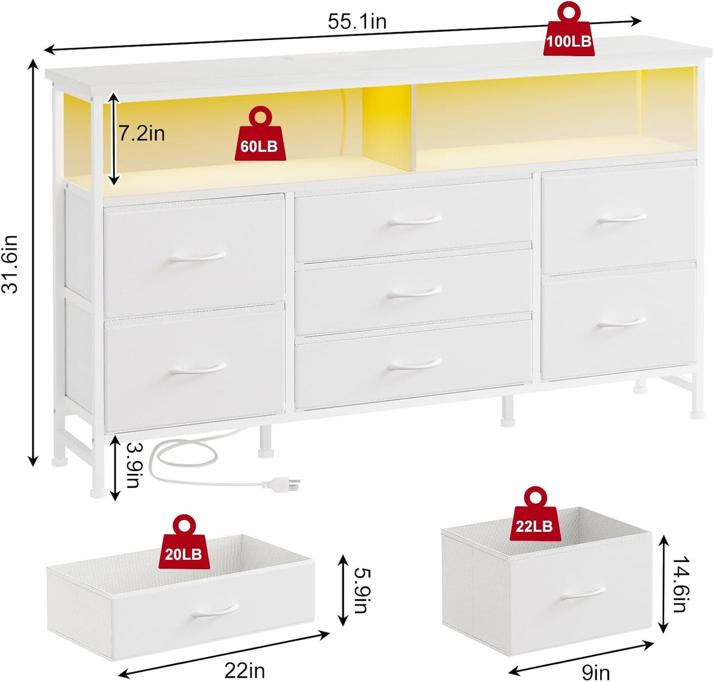 55 Inch Dresser TV Stand with Power Outlets and LED Lights, White Long Dresser for Bedroom with 7 Fabric Drawers, Large Dresser TV Stand for up to 65 Inch TV, Chest of Drawers for Bedroom White-2