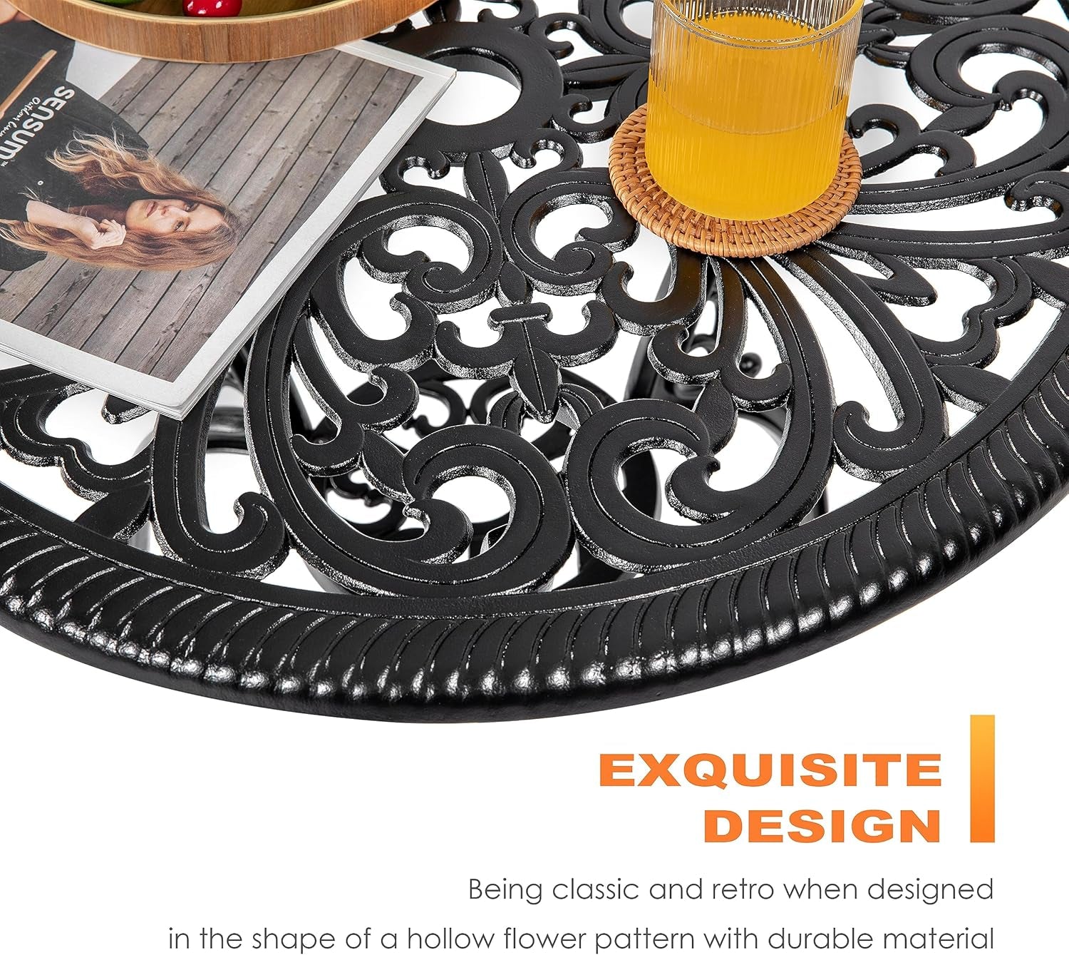 3 Piece Outdoor Bistro Table Set, All Weather Cast Aluminum Patio Bistro Sets Patio Table and Chairs Set of 2 with Umbrella Hole for Yard, Garden, Balcony, Black-3