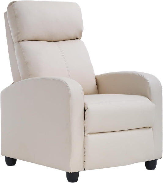 Recliner Chair Single Reclining Sofa Home Theater Seating with Lumbar Support and Padded Backrest for Living Room and Bedroom (Leather, Beige)-0