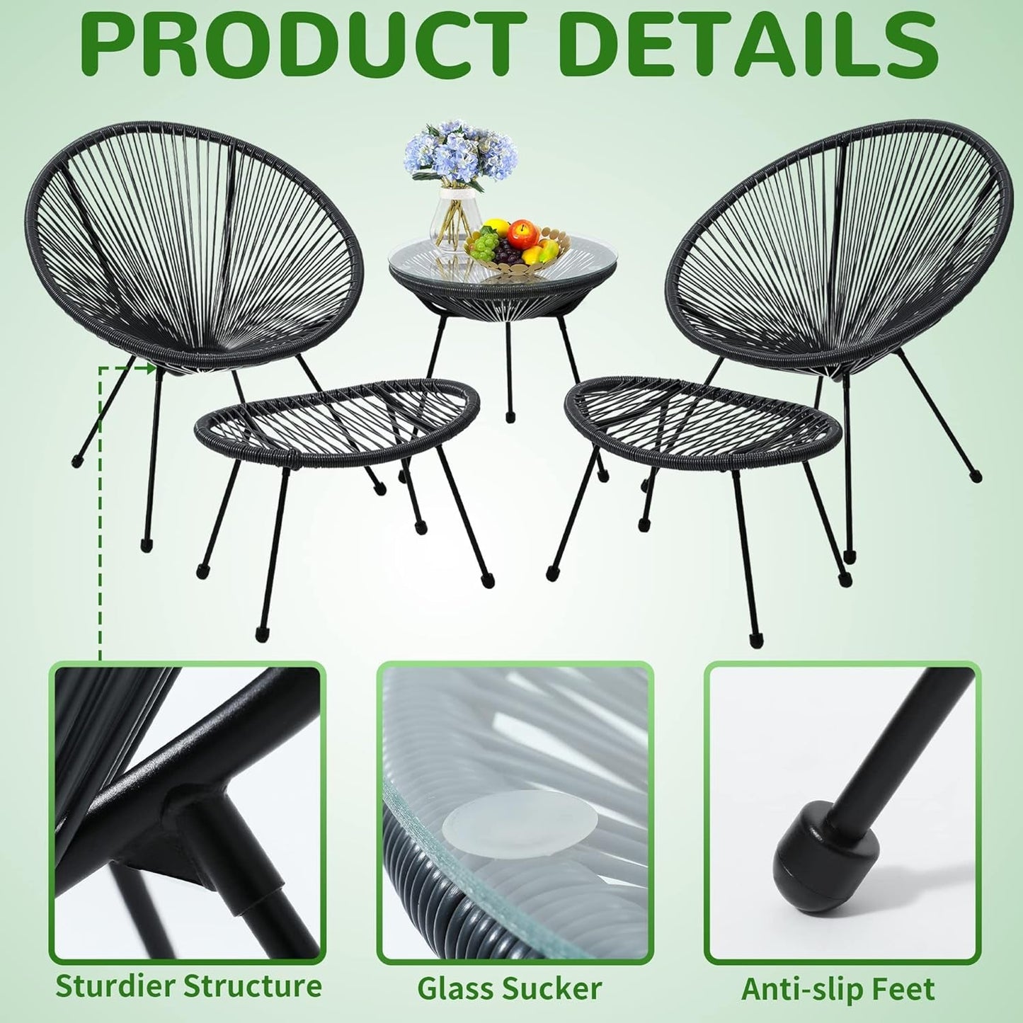 5 Piece Acapulco Chair Set, Outdoor Acapulco Chairs, Oval Furniture Set, Woven Patio Bistro Set, Balcony Table and Chairs with Footrest, Black-3