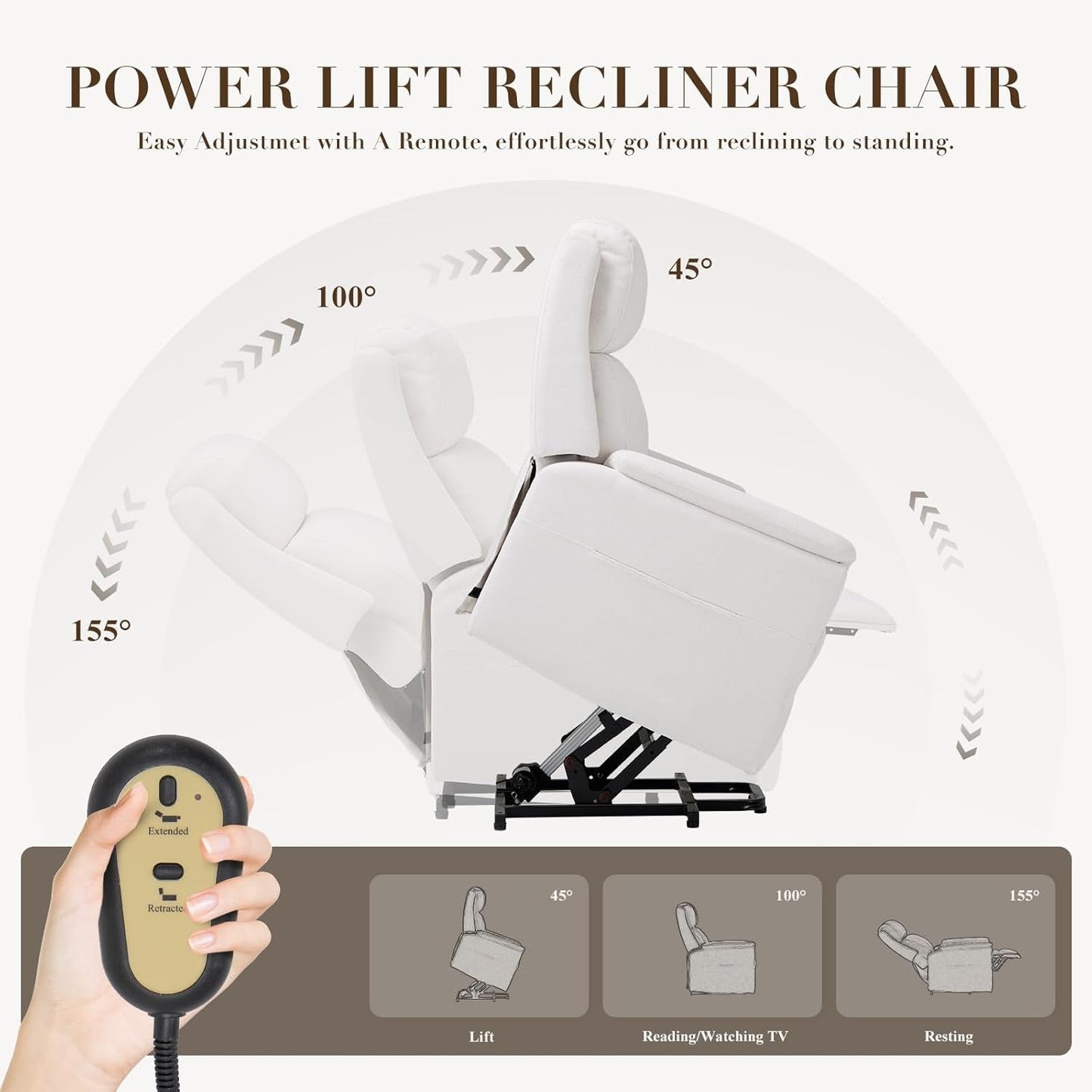 Power Lift Recliner Chair for Elderly-Electric Lift Chair Remote Control, Ergonomic Fabric Recliner Chair Single Sofa Chair with Side Pocket-White-3