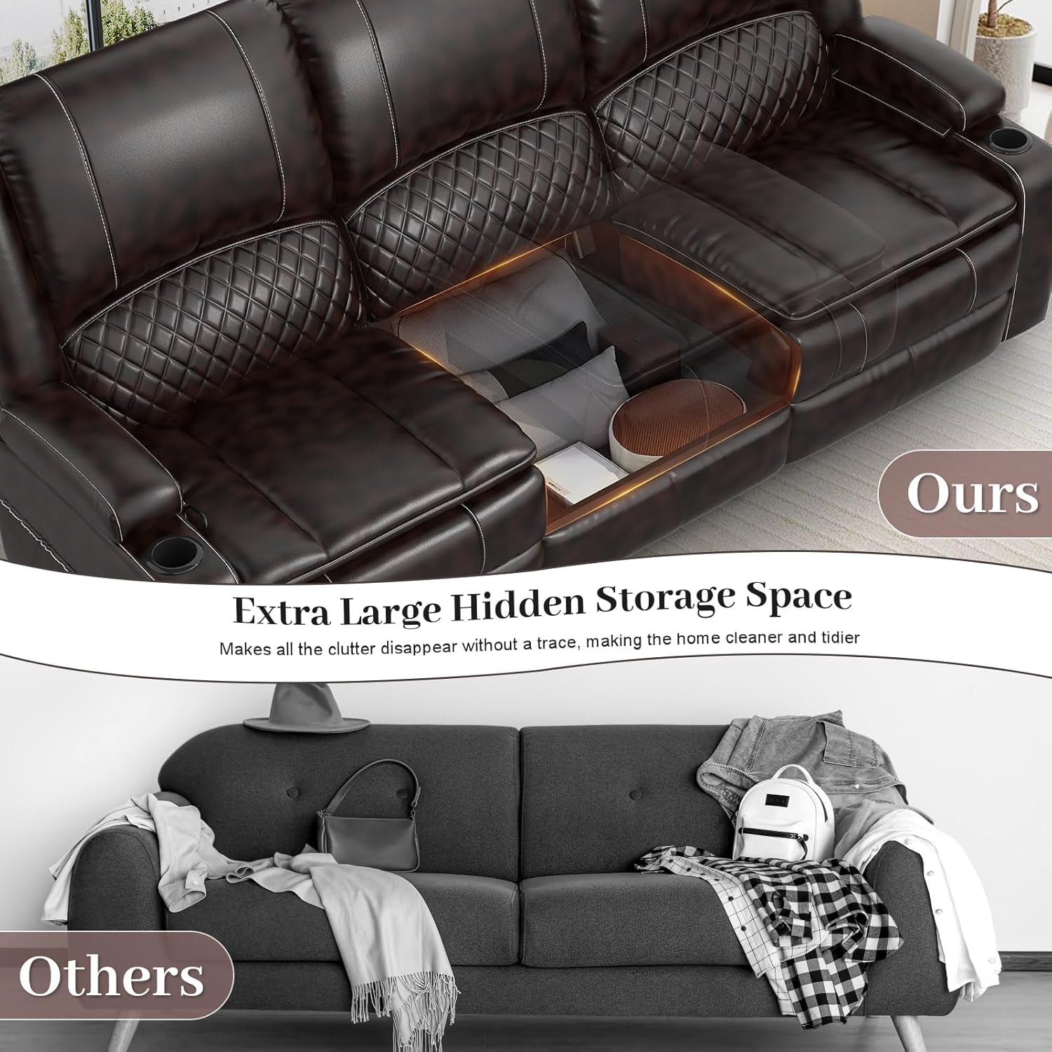 3-Seater Recliner Sofa, Manual Reclining Couch with Multi-Functional Middle Seat, Reclining Sofa for Living Room with Hidden Storage Space, Cup Holders, and Removable Console - Brown-3
