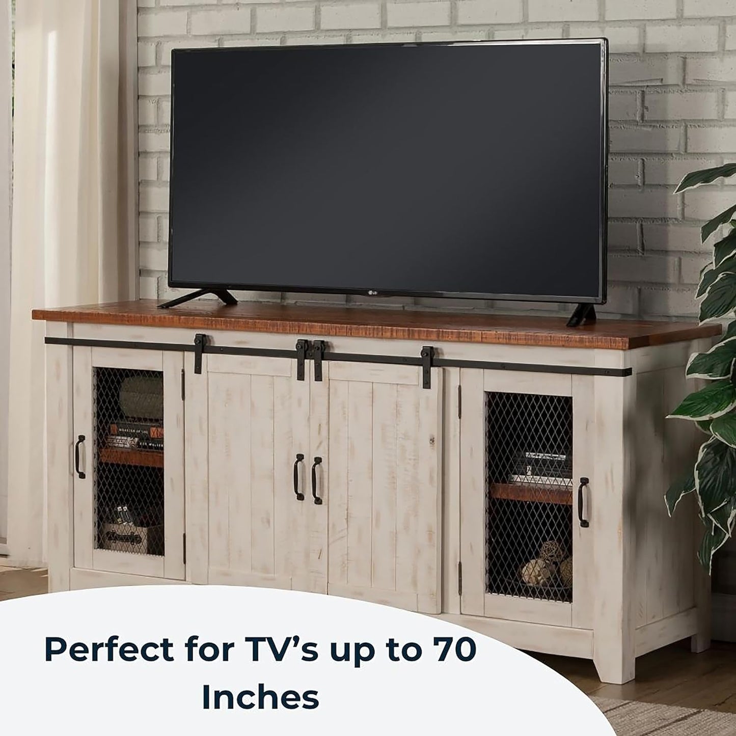 Rustic 65” Solid Wood TV Stand with Storage, White and Aged Distressed Pine-4