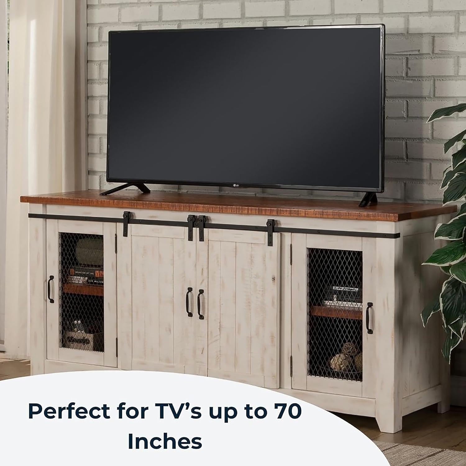 Rustic 65” Solid Wood TV Stand with Storage, White and Aged Distressed Pine-4