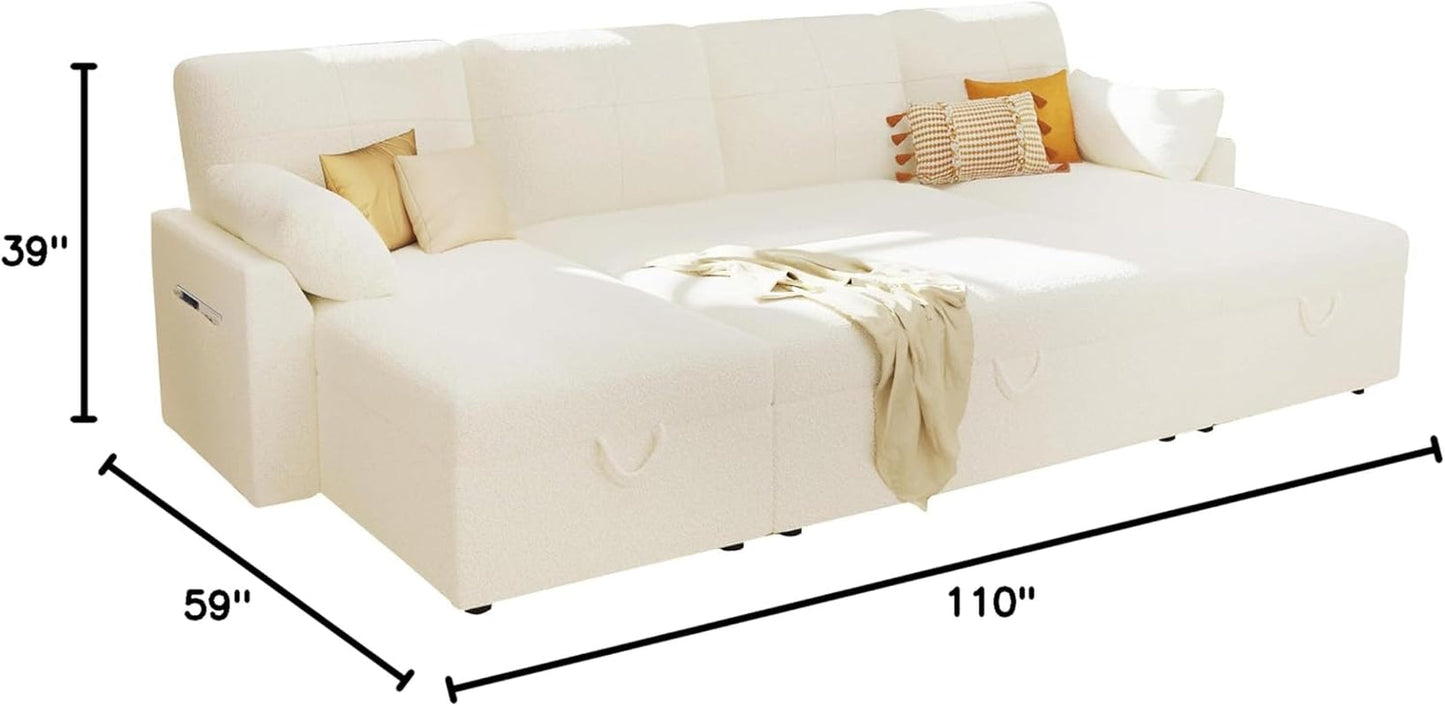 White Sectional Sofa Bed Oversized, 110", Storage-2