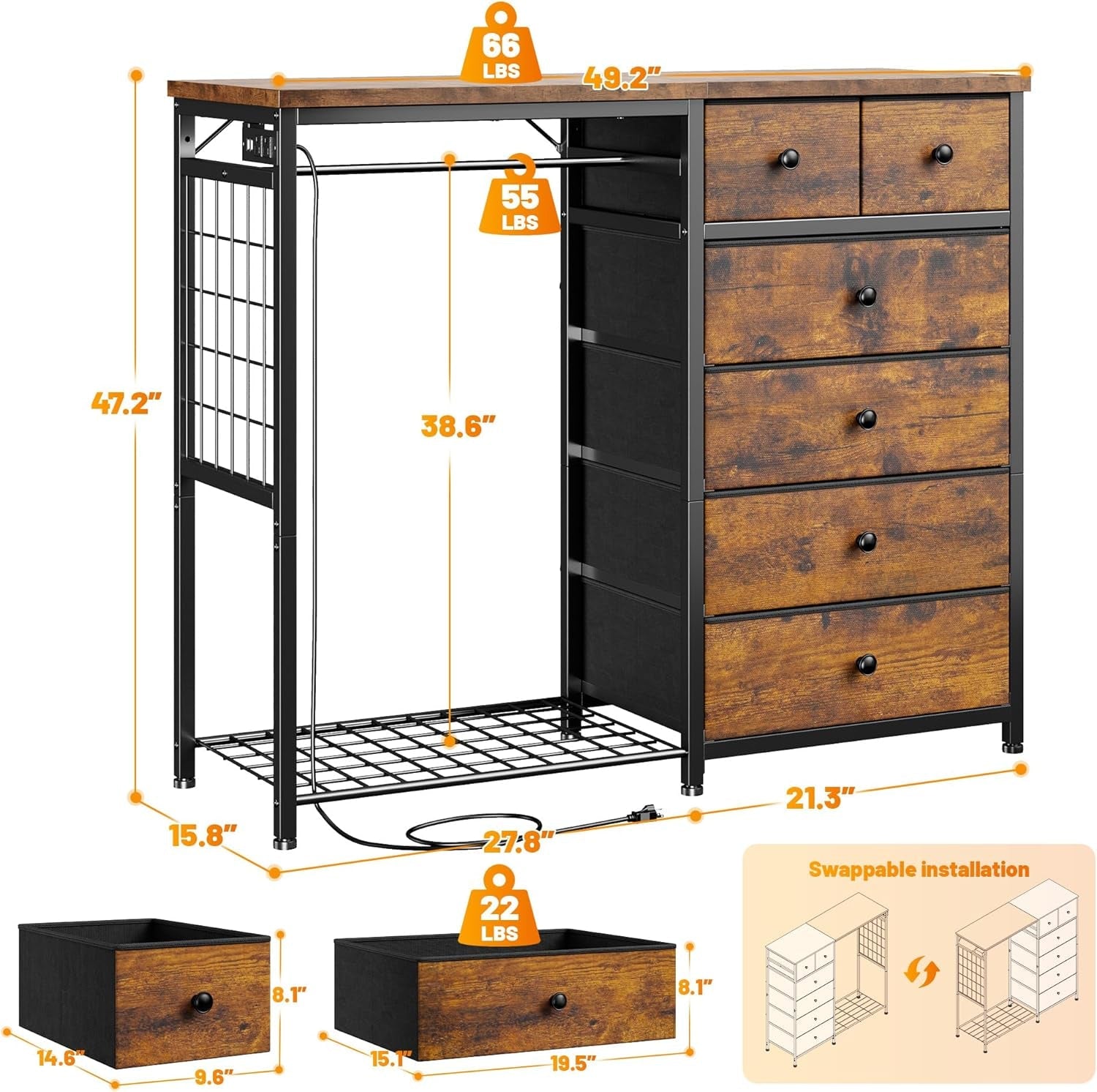 49.2" W Dresser for Bedroom with Hanging Rack 6 Drawer Dresser with LED Lights & Charging Station, Fabric Dressers & Chest of Drawer with Clothes Rack,Wooden Top,Grid Panel,Closet,Rustic Brown-1