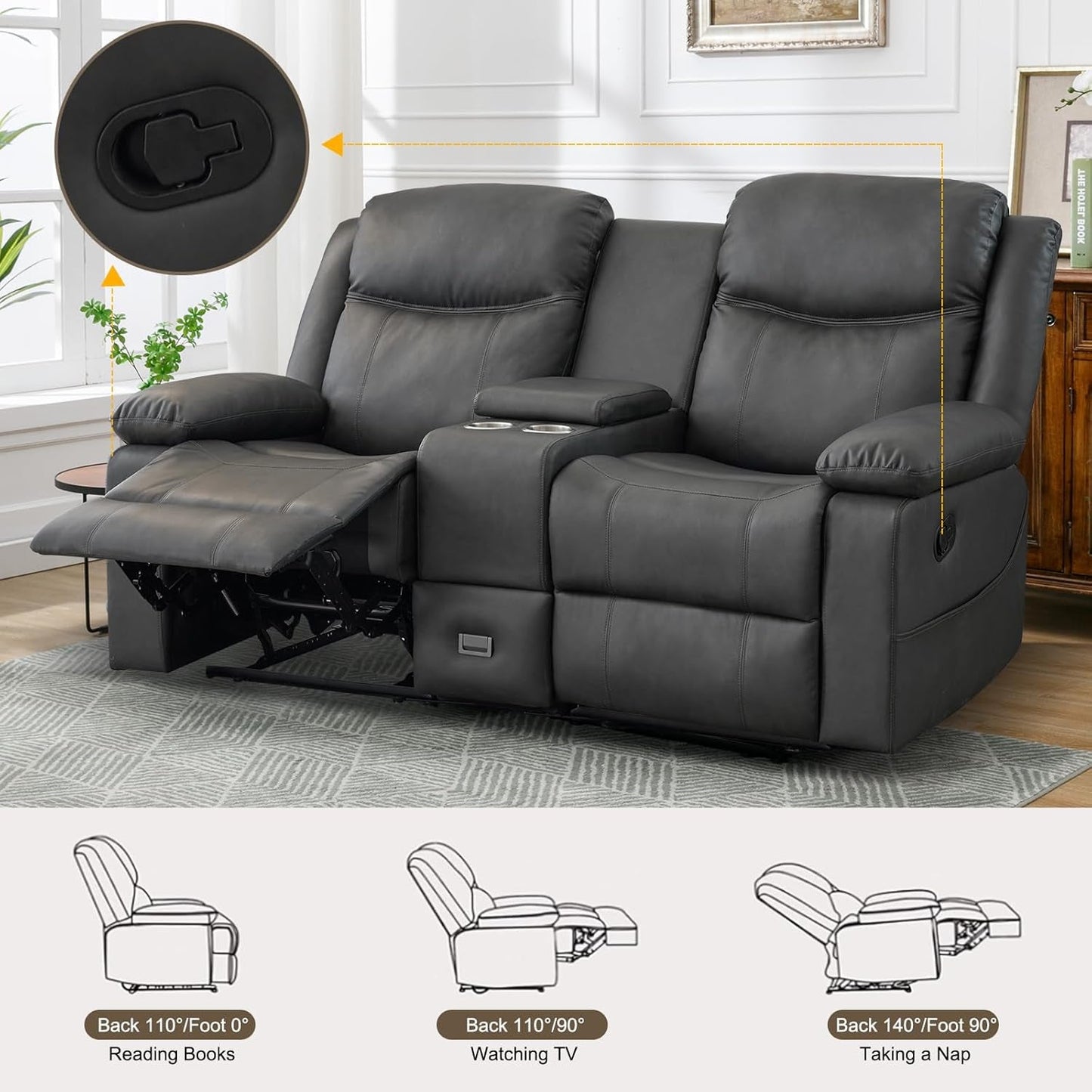 Loveseat Recliner, Reclining Loveseat with Console, Double Reclining Loveseat, 2 Seater Manual Reclining Couch for Living Room, Office, Home Theater(Pu-Grey)-2