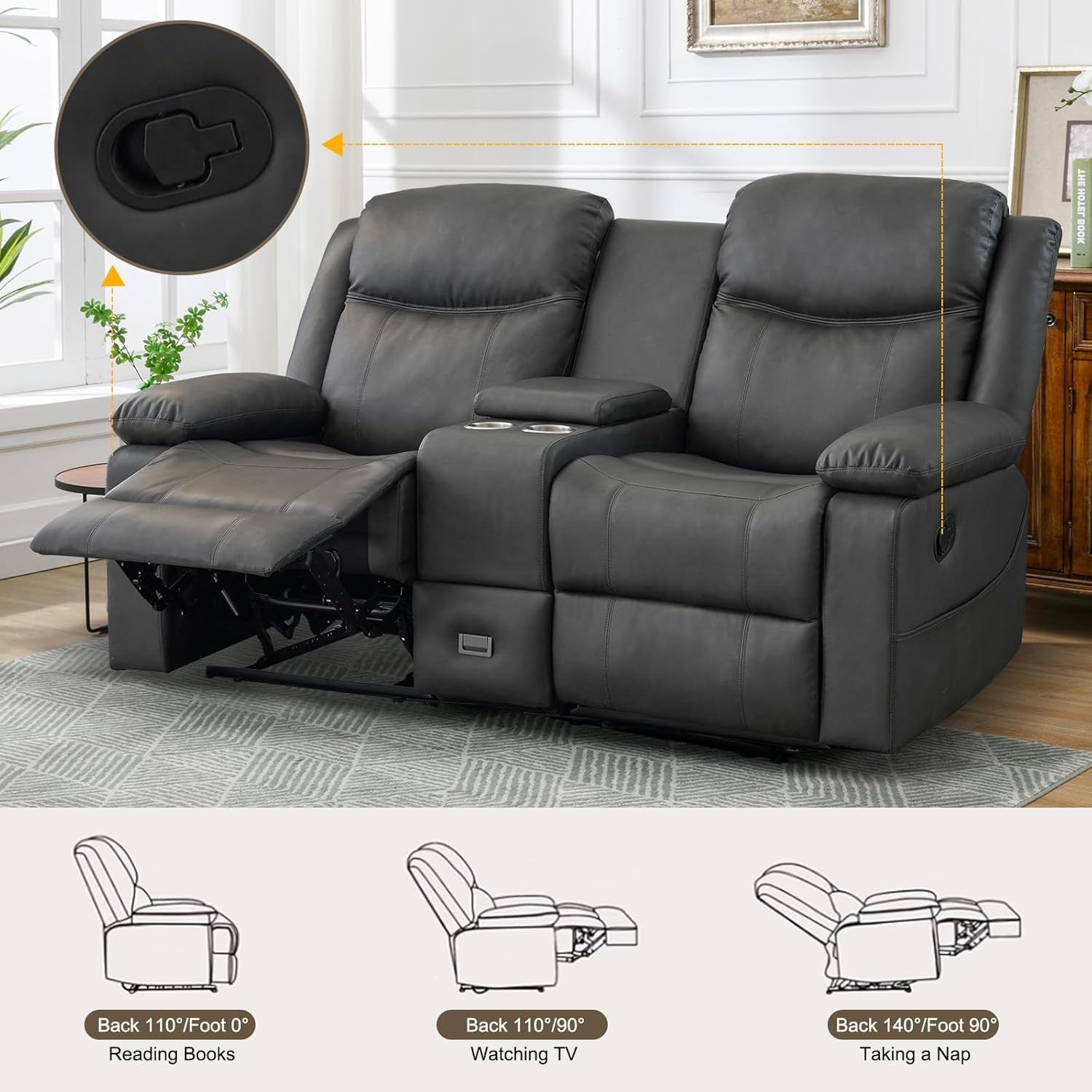 Loveseat Recliner, Reclining Loveseat with Console, Double Reclining Loveseat, 2 Seater Manual Reclining Couch for Living Room, Office, Home Theater(Pu-Grey)-2