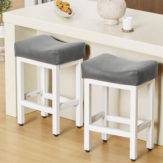 Counter Height Bar Stools Set of 2, 24 Inch Barstools for Kitchen Island Counter, Bonded Leather Kitchen Stools with Thick Saddle Seats & Heavy Duty Metal Base, Easy Assembly, Gray/White-0