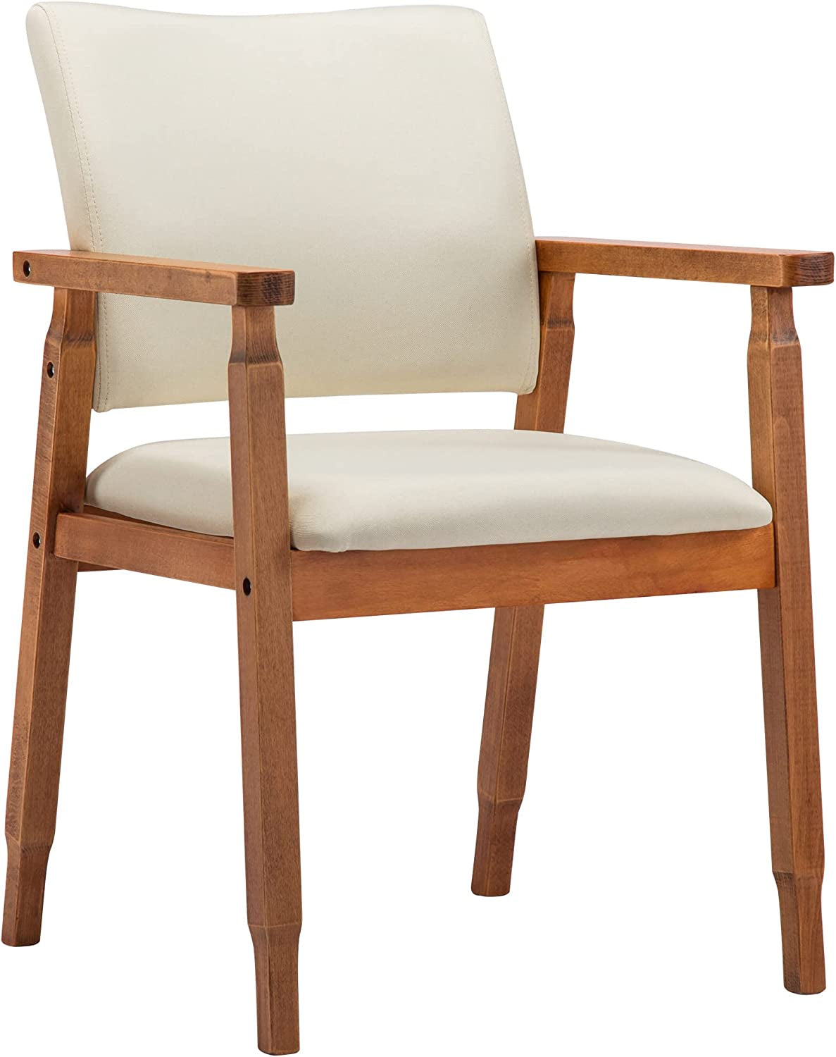 Mid Century Modern Walnut Dining Chairs Wood Arm Beige Fabric Kitchen Cafe Living Room Decor Furniture-4