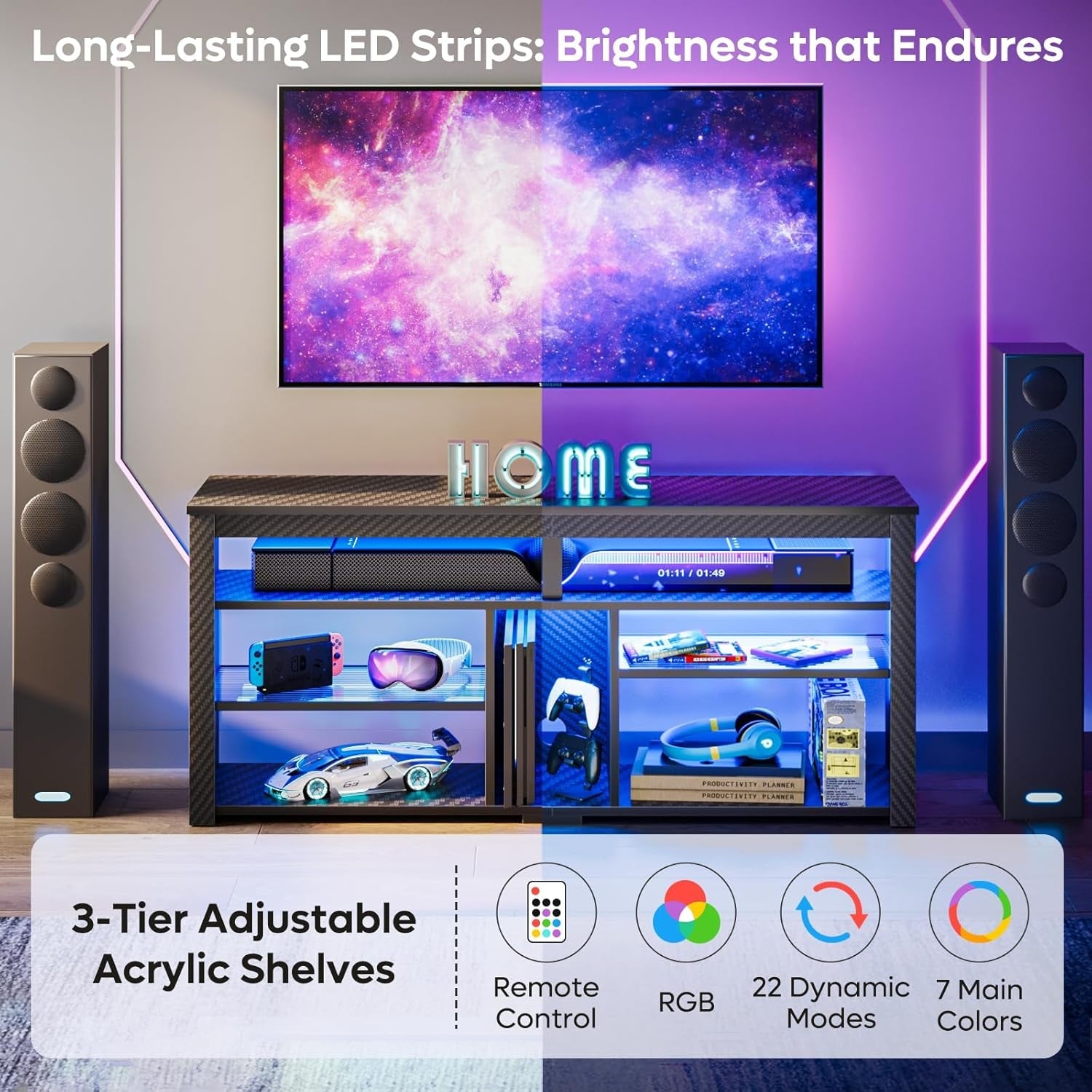 LED Tall TV Stand, Entertainment Center for 55/60/65 Inch TV, Gaming TV Console with Storage for PS5, Adjustable Shelf Modern High TV Cabinet for Living Room Bedroom, Carbon Fiber Black-3