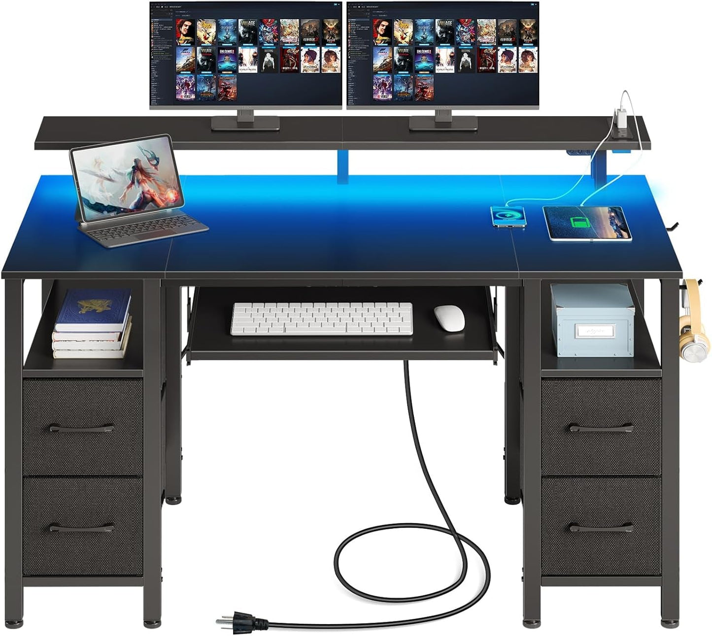 Computer Desk 47.2" with LED Lights & Power Outlets, Home Office Desk with 4 Drawers, Writing Desk with Keyboard Tray, Study Desk with Monitor Stand, Work Desk for Home Office, Black-0