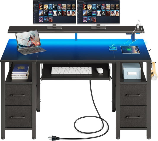 Computer Desk 47.2" with LED Lights & Power Outlets, Home Office Desk with 4 Drawers, Writing Desk with Keyboard Tray, Study Desk with Monitor Stand, Work Desk for Home Office, Black-0