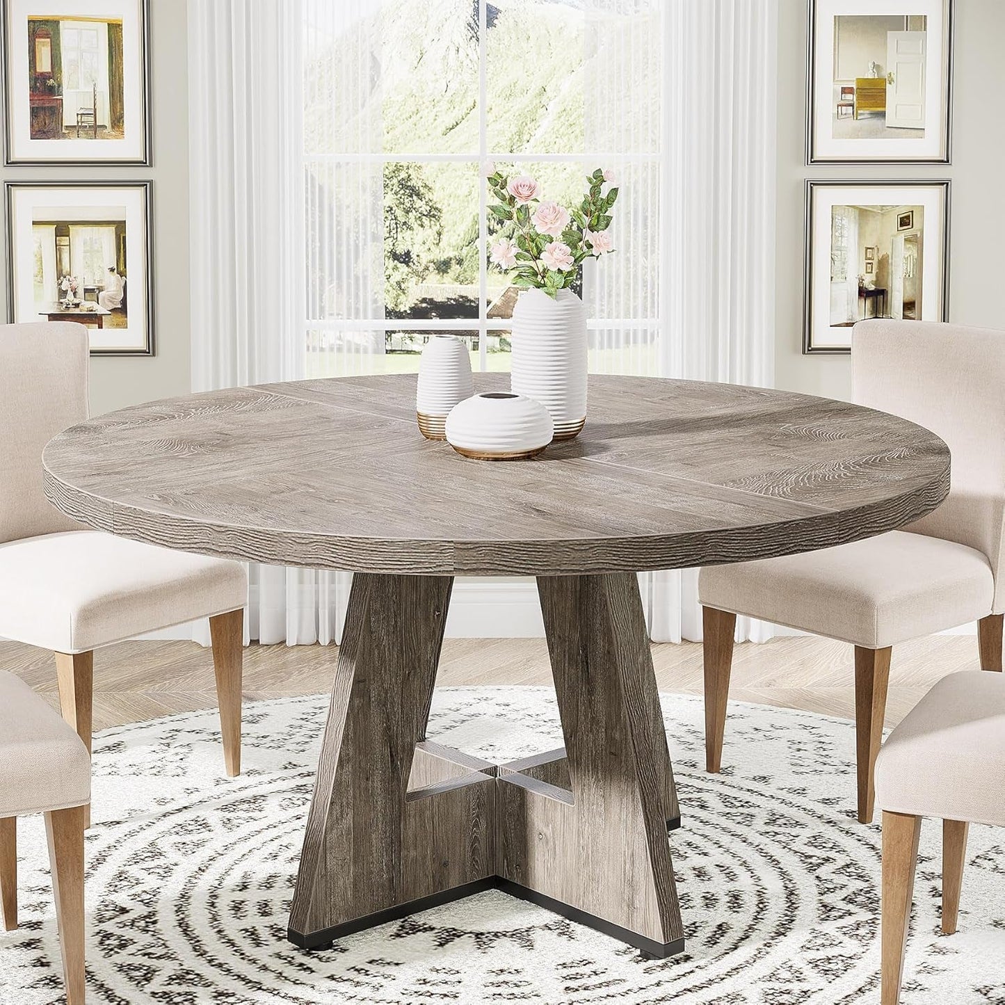 round Dining Table Wood Kitchen Table for Dining Room Living Room, 47 Inches Dining Room Tables for 4 Person, Farmhouse Dinner Table with Wooden Table Top and Legs, Rustic Grey(Only Table)-0