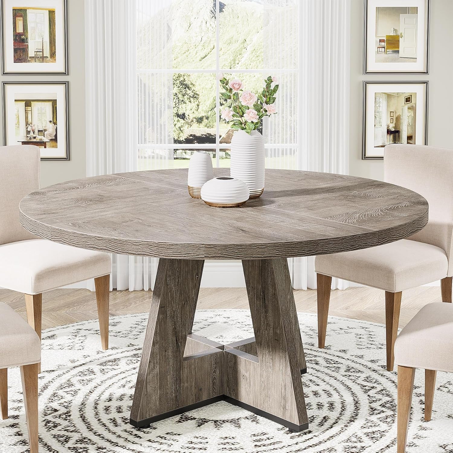 round Dining Table Wood Kitchen Table for Dining Room Living Room, 47 Inches Dining Room Tables for 4 Person, Farmhouse Dinner Table with Wooden Table Top and Legs, Rustic Grey(Only Table)-0