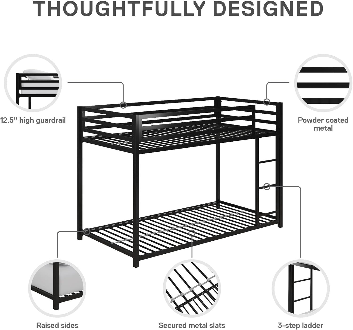 Miles Low Metal Bunk Bed Frame for Kids, with Built-In Ladder, High Guardrail and Metal Slats, Floor Bed Bottom Bunk, No Boxspring Required, for Small Spaces, Twin-Over-Twin, Black-4