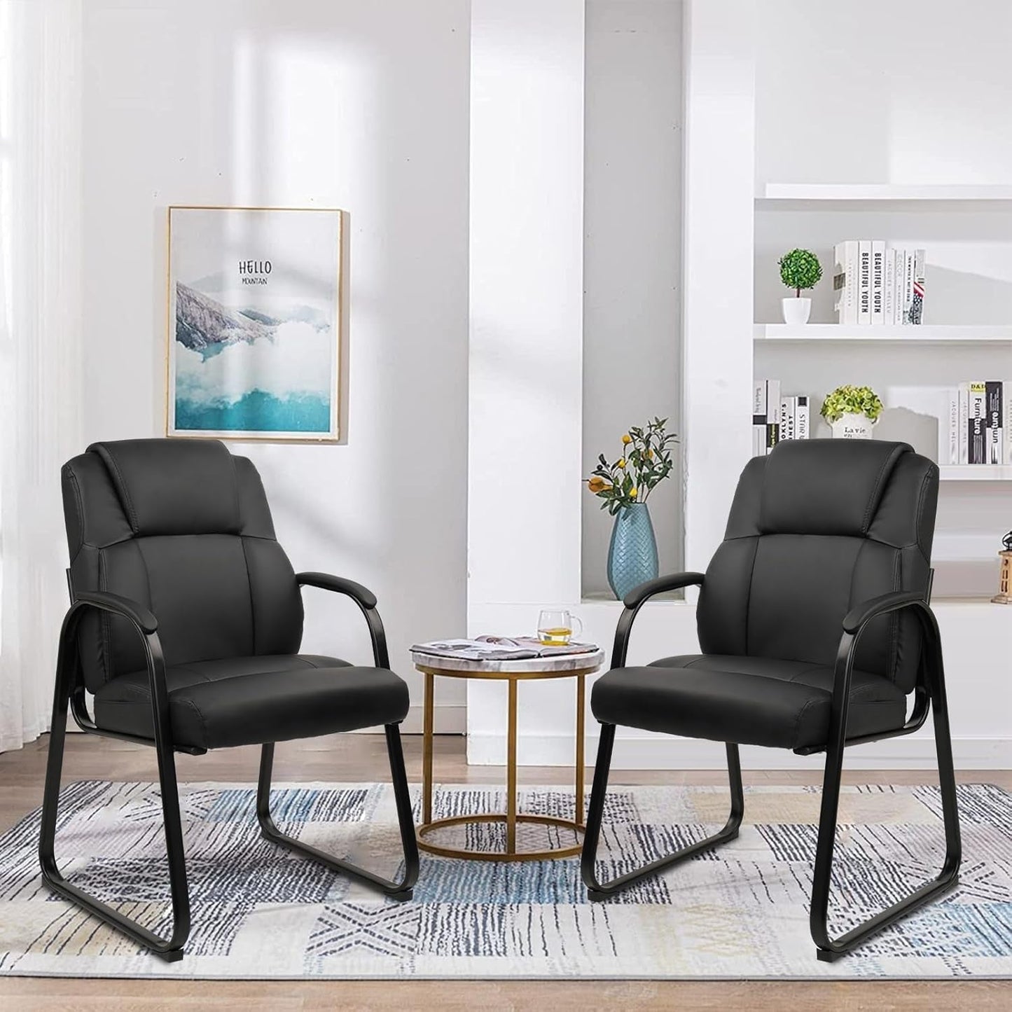 Black Leather Guest Chairs, Padded Arms, Sled Base, 2-Pack-0