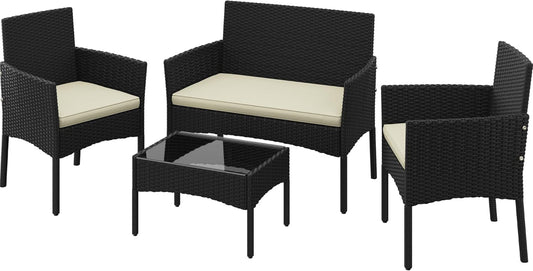 Patio Furniture Set 4 Pieces Conversation Sets, Rattan Chair Wicker Set Loveseat with Soft Cushion and Glass Table for Backyard Porch Garden Poolside Balcony, Black and Beige-0