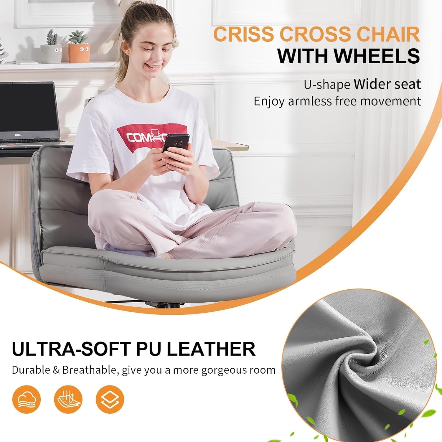 Criss Cross Chair with Wheels, Armless Wide Cross Legged Office Chair Mid Back, Modern Home Office Desk Chair Swivel Adjustable Vanity Computer Chair, Gray-2