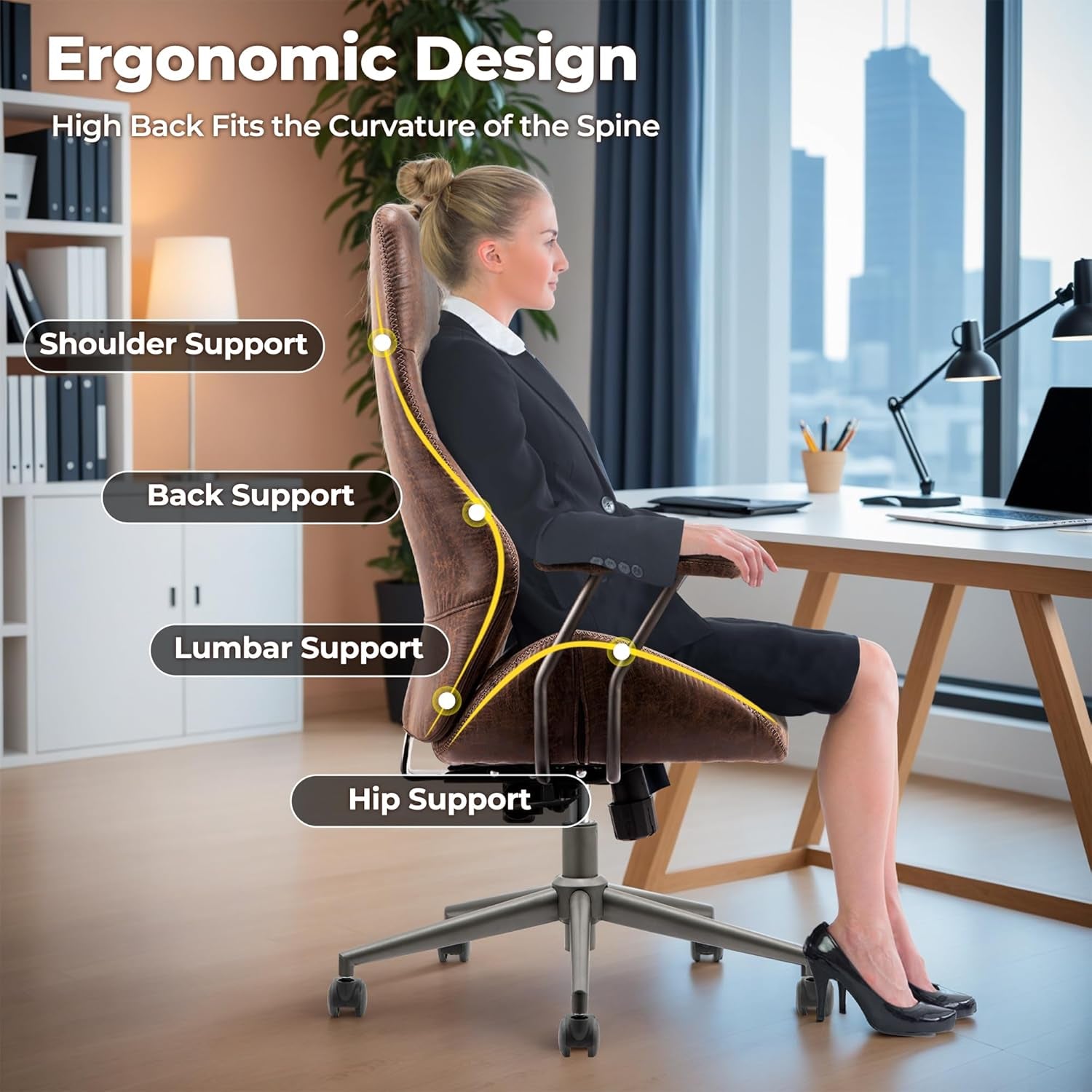 Ergonomic Office Chair,Modern Computer Desk Chair,High Back Suede Fabric Desk Chair with Lumbar Support for Executive or Home Office (Dark Coffee)-3