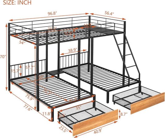 Metal Triple Bunk Bed with Drawers and Guardrails, Full over Twin & Twin Bunk Bed for 3, Space-Noise Free, No Box Spring Needed - Black-1