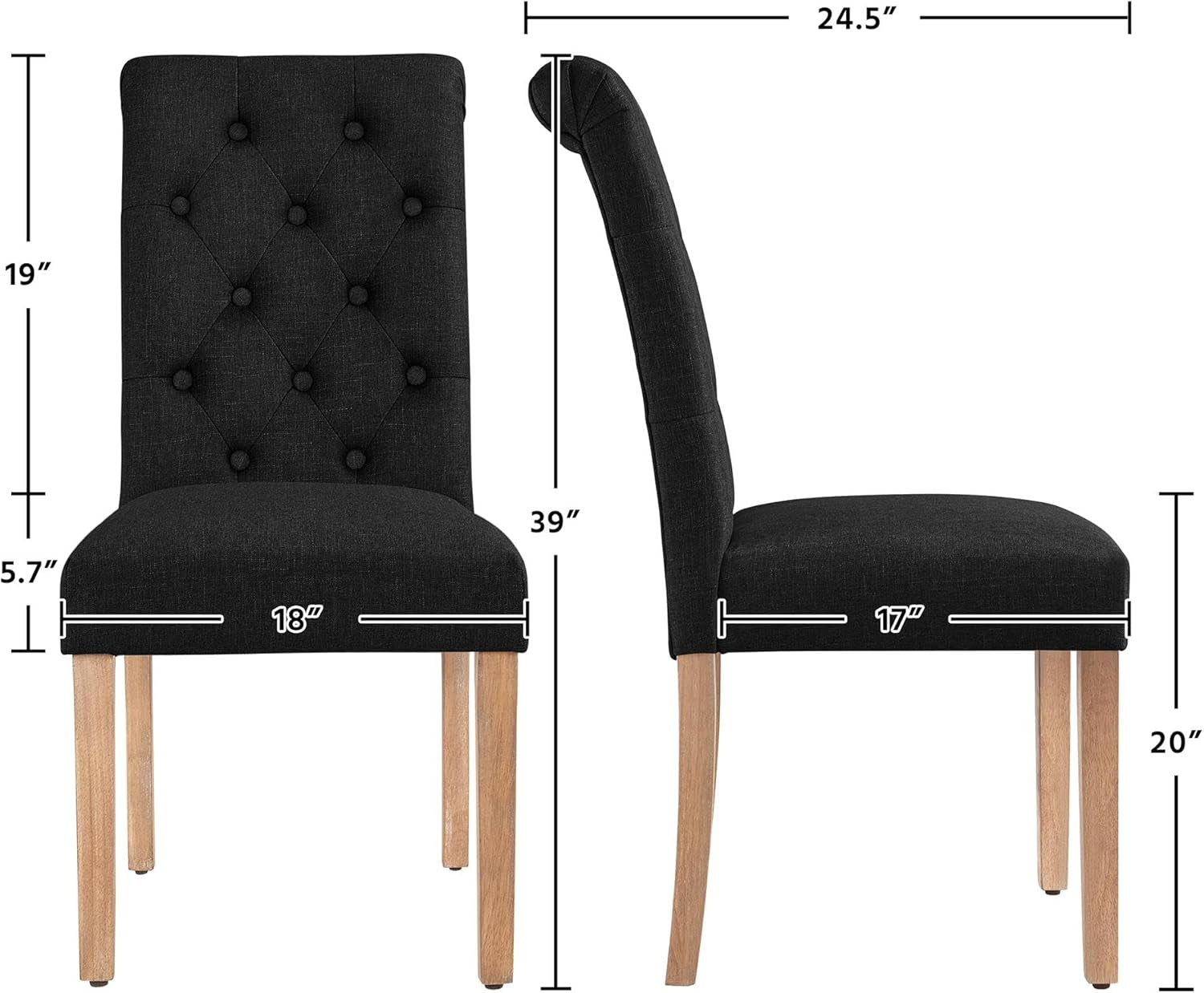 Tufted Dining Chairs Set of 2 Parsons Kitchen Chairs Stylish Dining Room Chair Upholstered Fabric Chairs with Solid Wood Legs and Padded Seat for Home, 1 Package, Black-2
