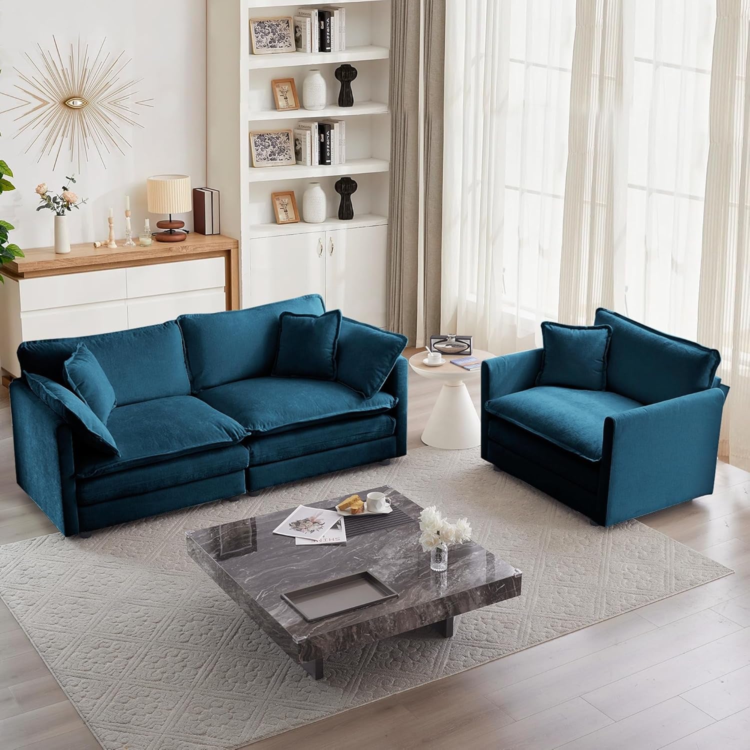 Luxury 2 Piece Loveseat Couch & Sofa Armchair Set, Modern Upholstered Chenille Cloud Couches Set Furniture with 5 Pillow for Living Room Bedroom Office Apartment, Blue-0
