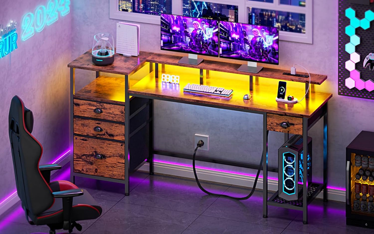 Computer Desk with 4 Drawers, 60" Office Long Desk with Fabric File Cabinet and Power Outlets, Gaming Desk with LED Lights, Study Writing Work Desk for Home Office, Rustic Brown-1