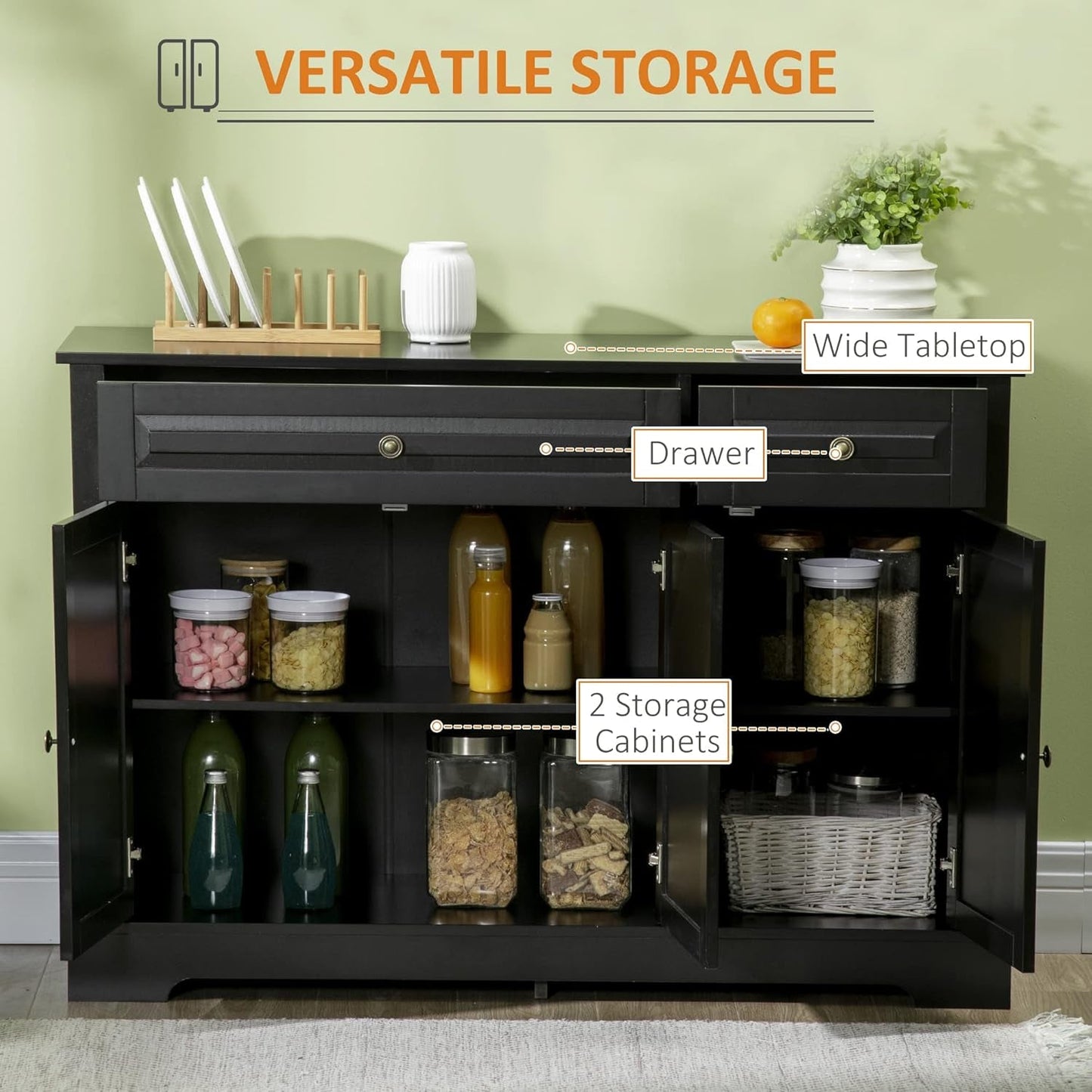 Black Modern Buffet Cabinet with Drawers Adjustable Shelves-3