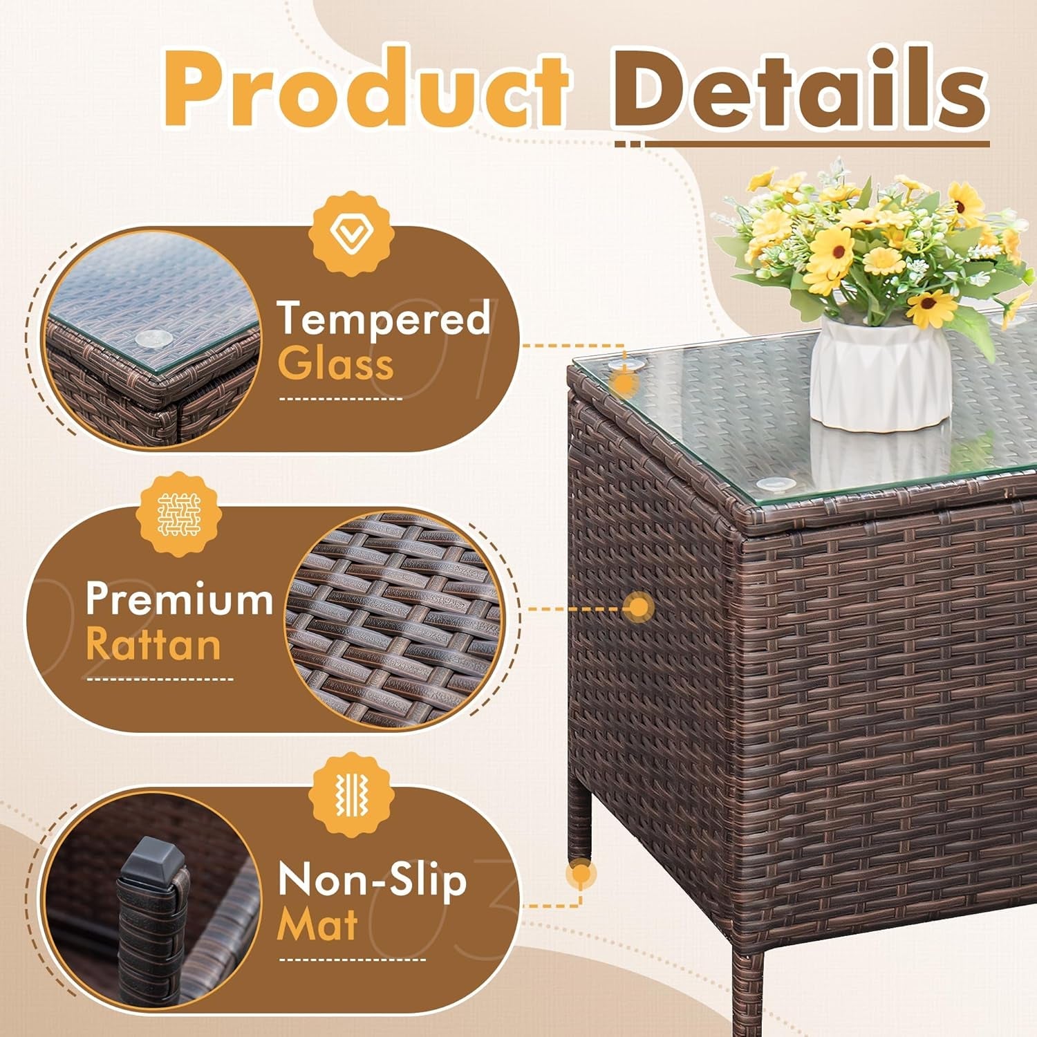 Patio Furniture Set 3 Pieces All-Weather Rattan Outdoor Furniture Patio Chairs with Tempered Glass Table for Porch Bistro Balcony (Brown/Cream)-3