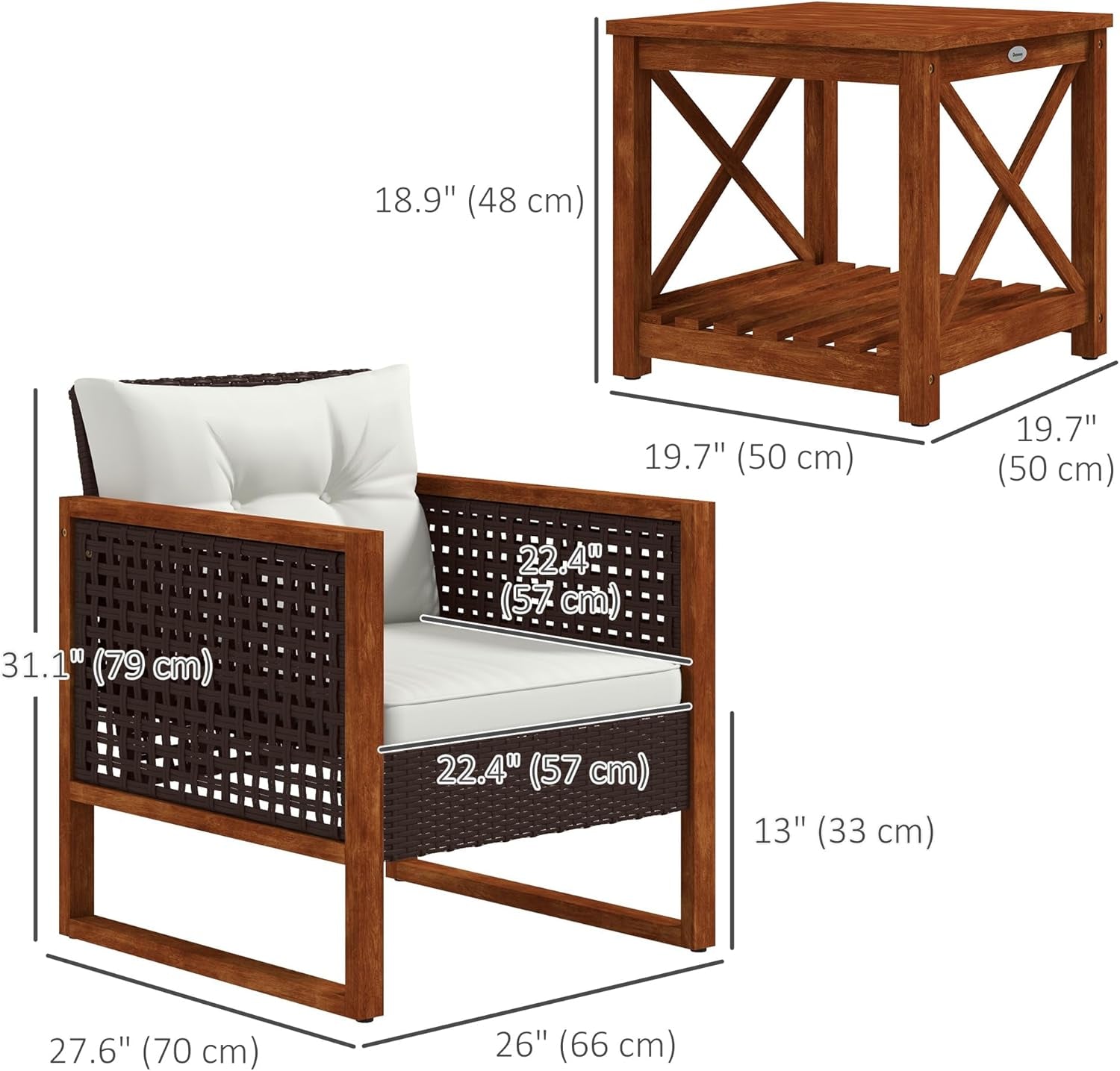 3 Pieces Wicker Outdoor Bistro Set, Rattan Patio Furniture Set with Acacia Wood Coffee Table and Porch Chairs for Backyard, Balcony, Garden, Brown-4